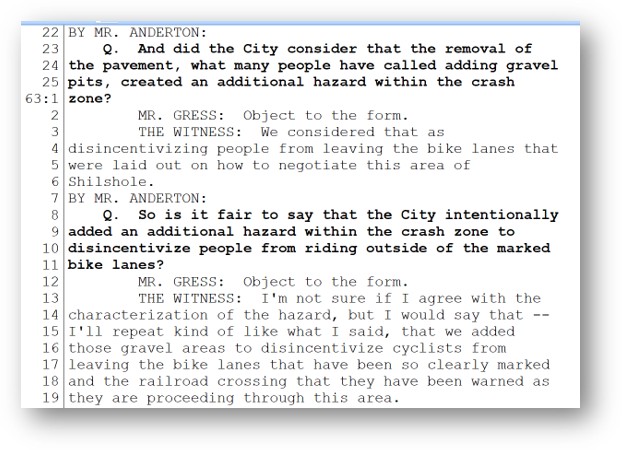 removal of pavement adding gravel pits added hazard crash zone City Seattle intentionally added an additional hazard within the crash zone to disincentivize people from riding outside of the marked bike lanes and railroad crossing they had been warned as proceeding through this area Burke-Gilman's infamous missing link